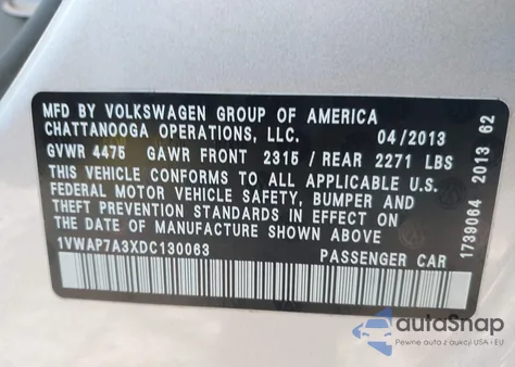 2013 Volkswagen Passat S z USA, uszkodzony, nr VIN 1VWAP7A3XDC130063